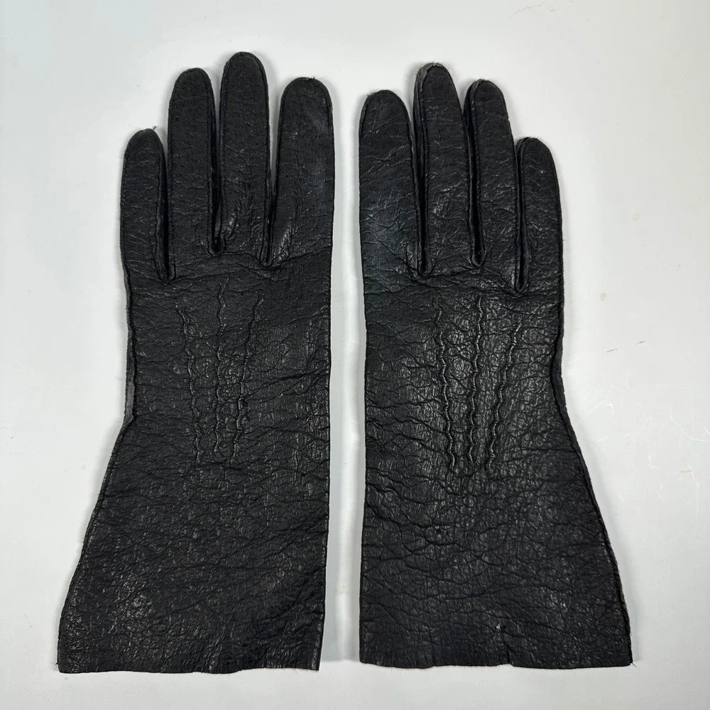 Vintage Black Genuine Pigskin Gloves‎ By Superb Flared Womens Sz 7